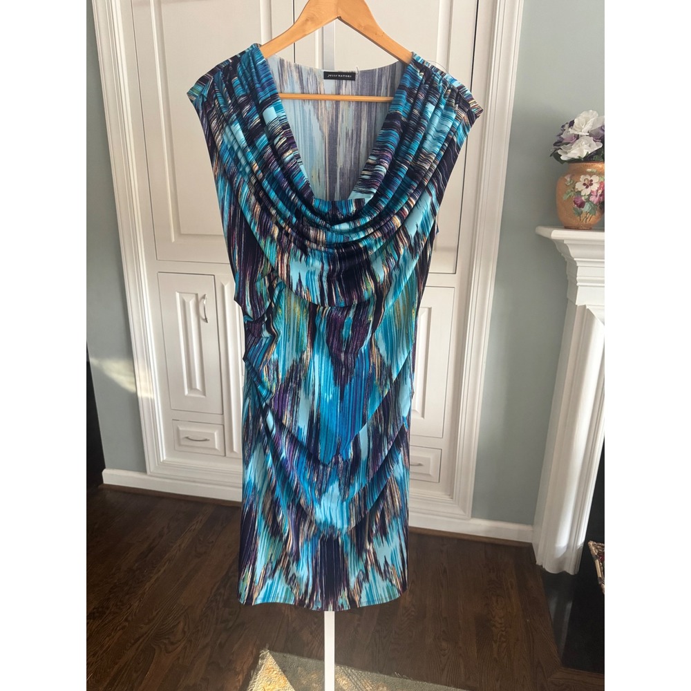 Josie Natori Blue Ikat Print Cowl Neck Ruched Sheath Dress Womens Medium Stretch